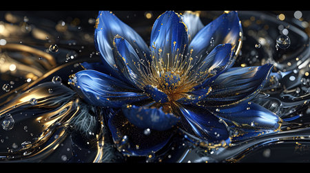 An exquisite digital image of an elegant blue flower surrounded by gold The intricate details and vibrant colors make this piece captivating Perfect for adding a touch of beauty to any spaceの素材