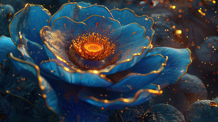 An exquisite digital image of an elegant blue flower surrounded by gold The intricate details and vibrant colors make this piece captivating Perfect for adding a touch of beauty to any spaceの素材
