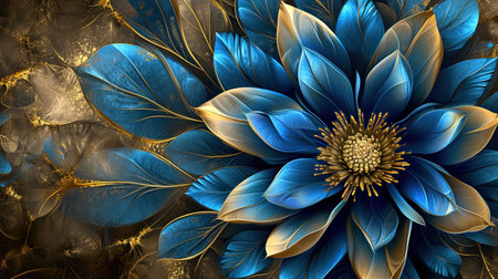 An exquisite digital image of an elegant blue flower surrounded by gold The intricate details and vibrant colors make this piece captivating Perfect for adding a touch of beauty to any spaceの素材