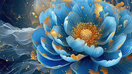 An exquisite digital image of an elegant blue flower surrounded by gold The intricate details and vibrant colors make this piece captivating Perfect for adding a touch of beauty to any spaceの素材