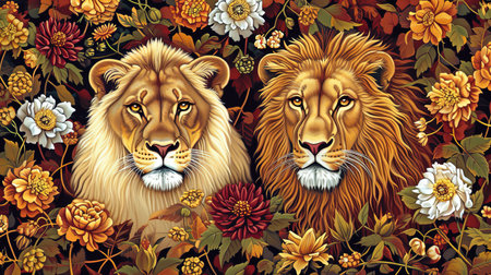 A beautiful portrait of a female and male lion surrounded by delicate flowers This realistic depiction showcases the majestic beauty of these animals in the warm hues of brown Immerse yourself in the captivating world of nature and wildlifeの素材