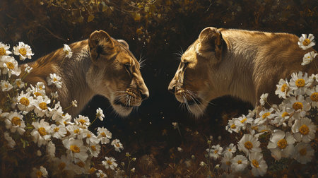 A beautiful portrait of a female and male lion surrounded by delicate flowers This realistic depiction showcases the majestic beauty of these animals in the warm hues of brown Immerse yourself in the captivating world of nature and wildlifeの素材