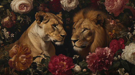 A beautiful portrait of a female and male lion surrounded by delicate flowers This realistic depiction showcases the majestic beauty of these animals in the warm hues of brown Immerse yourself in the captivating world of nature and wildlifeの素材