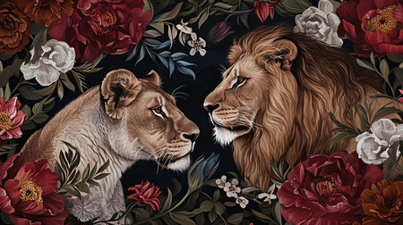 A beautiful portrait of a female and male lion surrounded by delicate flowers This realistic depiction showcases the majestic beauty of these animals in the warm hues of brown Immerse yourself in the captivating world of nature and wildlifeの素材