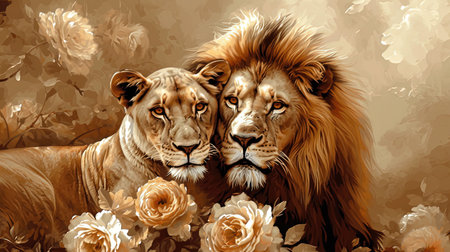 A beautiful portrait of a female and male lion surrounded by delicate flowers This realistic depiction showcases the majestic beauty of these animals in the warm hues of brown Immerse yourself in the captivating world of nature and wildlifeの素材