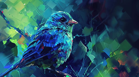 A stunning digital painting of a blue bird with freestyle diamond patterns The luminous colors in shades of dark blue and green create a mesmerizing effect This artwork brings a sense of serenity and elegance to any spaceの素材