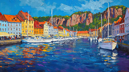 A vibrant painting of a city by the sea inspired by colorful street murals and captivating harbor views This artwork showcases the beauty of the sea with realistic seascapes and puzzle-like pieces that create a luminous scene Get lost in the charm of this Hans Christian Andersen inspired masterpieceの素材