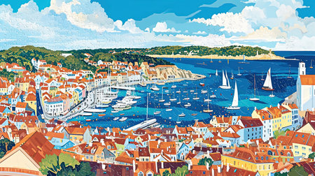 A vibrant painting of a city by the sea inspired by colorful street murals and captivating harbor views This artwork showcases the beauty of the sea with realistic seascapes and puzzle-like pieces that create a luminous scene Get lost in the charm of this Hans Christian Andersen inspired masterpieceの素材