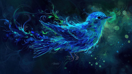 A stunning digital painting of a blue bird with freestyle diamond patterns The luminous colors in shades of dark blue and green create a mesmerizing effect This artwork brings a sense of serenity and elegance to any spaceの素材