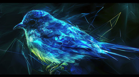 A stunning digital painting of a blue bird with freestyle diamond patterns The luminous colors in shades of dark blue and green create a mesmerizing effect This artwork brings a sense of serenity and elegance to any spaceの素材