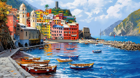 A vibrant painting of a city by the sea inspired by colorful street murals and captivating harbor views This artwork showcases the beauty of the sea with realistic seascapes and puzzle-like pieces that create a luminous scene Get lost in the charm of this Hans Christian Andersen inspired masterpieceの素材
