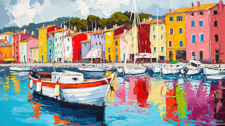 A vibrant painting of a city by the sea inspired by colorful street murals and captivating harbor views This artwork showcases the beauty of the sea with realistic seascapes and puzzle-like pieces that create a luminous scene Get lost in the charm of this Hans Christian Andersen inspired masterpieceの素材