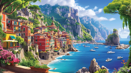 A vibrant painting of a city by the sea inspired by colorful street murals and captivating harbor views This artwork showcases the beauty of the sea with realistic seascapes and puzzle-like pieces that create a luminous scene Get lost in the charm of this Hans Christian Andersen inspired masterpieceの素材