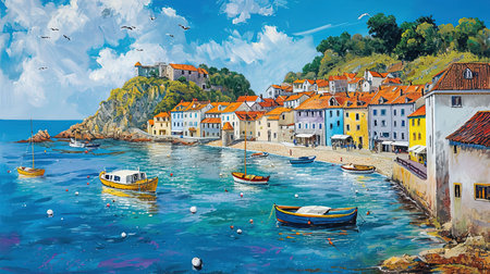 A vibrant painting of a city by the sea inspired by colorful street murals and captivating harbor views This artwork showcases the beauty of the sea with realistic seascapes and puzzle-like pieces that create a luminous scene Get lost in the charm of this Hans Christian Andersen inspired masterpieceの素材