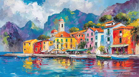 A vibrant painting of a city by the sea inspired by colorful street murals and captivating harbor views This artwork showcases the beauty of the sea with realistic seascapes and puzzle-like pieces that create a luminous scene Get lost in the charm of this Hans Christian Andersen inspired masterpieceの素材