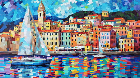 A vibrant painting of a city by the sea inspired by colorful street murals and captivating harbor views This artwork showcases the beauty of the sea with realistic seascapes and puzzle-like pieces that create a luminous scene Get lost in the charm of this Hans Christian Andersen inspired masterpieceの素材
