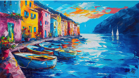 A vibrant painting of a city by the sea inspired by colorful street murals and captivating harbor views This artwork showcases the beauty of the sea with realistic seascapes and puzzle-like pieces that create a luminous scene Get lost in the charm of this Hans Christian Andersen inspired masterpieceの素材