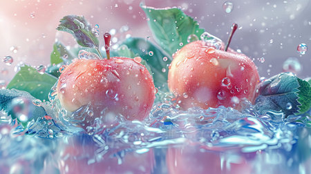 A stunning digital image showcasing the beauty of a frozen apple in a floral surrealism style The artwork features an anime aesthetic with water drops glistening on the applecore The vibrant colors and airbrush art technique create a visually appealing and tender depiction of natureの素材