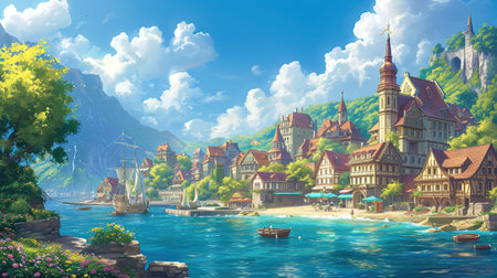 A vibrant painting of a city by the sea inspired by colorful street murals and captivating harbor views This artwork showcases the beauty of the sea with realistic seascapes and puzzle-like pieces that create a luminous scene Get lost in the charm of this Hans Christian Andersen inspired masterpieceの素材