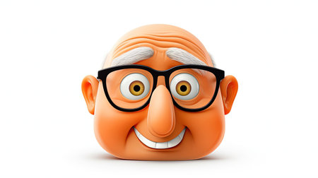 Beautiful digital image of an old man with an angelic expression The man is wearing an orange shirt and has an emoji face character The image has a white background with 3D depth and a hyperrealistic emoji styleの素材