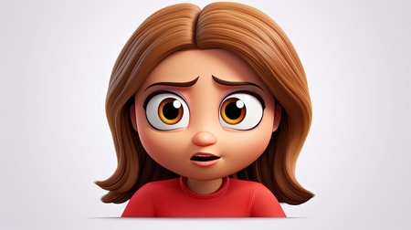 A stunning digital image of a woman in a red shirt with an emoji face character on a white background The image has an impressive 3D depth and a hyperrealistic styleの素材