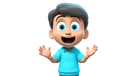 Inspiring image of a frustrated boy wearing a cyan shirt The hyperrealistic 3D depth and emoji face character make this image truly captivatingの素材