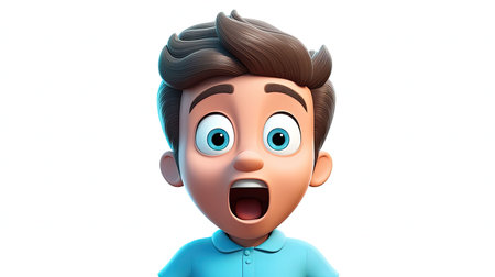 Inspiring image of a frustrated boy wearing a cyan shirt The hyperrealistic 3D depth and emoji face character make this image truly captivatingの素材