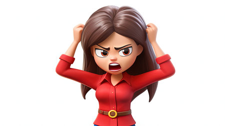 A stunning digital image of a woman in a red shirt with an emoji face character on a white background The image has an impressive 3D depth and a hyperrealistic styleの素材