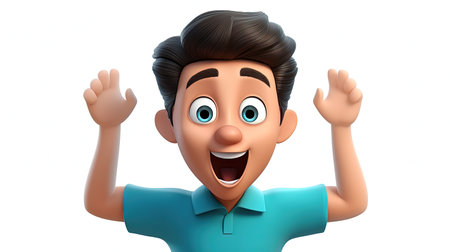 Inspiring image of a frustrated boy wearing a cyan shirt The hyperrealistic 3D depth and emoji face character make this image truly captivatingの素材