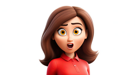 A stunning digital image of a woman in a red shirt with an emoji face character on a white background The image has an impressive 3D depth and a hyperrealistic styleの素材