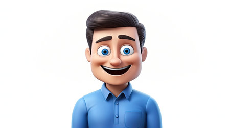 A stunning artwork featuring a blue angelic character with emoji face in a blue shirt set against a white background with 3D depth The artwork is hyperrealistic and designed in an emoji styleの素材