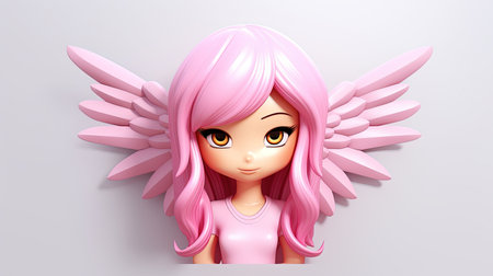 A stunning hyperrealistic digital image featuring an angelic girl with a pink shirt and an emoji face character The image is set against a white background with a 3D depth effect rendered in an emoji styleの素材