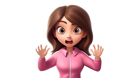 A stunning hyperrealistic digital image featuring an angelic girl with a pink shirt and an emoji face character The image is set against a white background with a 3D depth effect rendered in an emoji styleの素材