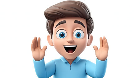 Inspiring image of a frustrated boy wearing a cyan shirt The hyperrealistic 3D depth and emoji face character make this image truly captivatingの素材