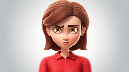 A stunning digital image of a woman in a red shirt with an emoji face character on a white background The image has an impressive 3D depth and a hyperrealistic styleの素材