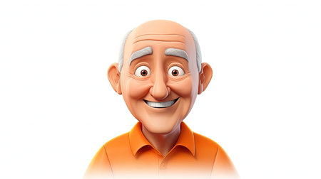 Beautiful digital image of an old man with an angelic expression The man is wearing an orange shirt and has an emoji face character The image has a white background with 3D depth and a hyperrealistic emoji styleの素材