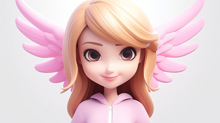A stunning hyperrealistic digital image featuring an angelic girl with a pink shirt and an emoji face character The image is set against a white background with a 3D depth effect rendered in an emoji styleの素材