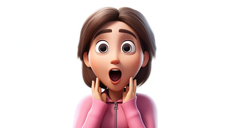 A stunning hyperrealistic digital image featuring an angelic girl with a pink shirt and an emoji face character The image is set against a white background with a 3D depth effect rendered in an emoji styleの素材