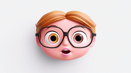 A stunning hyperrealistic digital image featuring an angelic girl with a pink shirt and an emoji face character The image is set against a white background with a 3D depth effect rendered in an emoji styleの素材