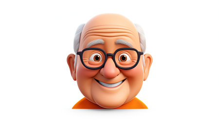 Beautiful digital image of an old man with an angelic expression The man is wearing an orange shirt and has an emoji face character The image has a white background with 3D depth and a hyperrealistic emoji styleの素材