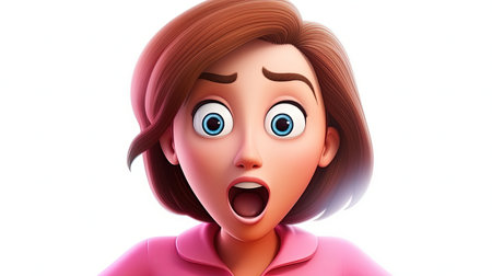 A stunning hyperrealistic digital image featuring an angelic girl with a pink shirt and an emoji face character The image is set against a white background with a 3D depth effect rendered in an emoji styleの素材