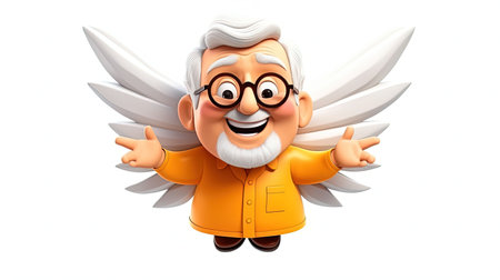 Beautiful digital image of an old man with an angelic expression The man is wearing an orange shirt and has an emoji face character The image has a white background with 3D depth and a hyperrealistic emoji styleの素材