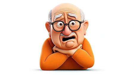 Beautiful digital image of an old man with an angelic expression The man is wearing an orange shirt and has an emoji face character The image has a white background with 3D depth and a hyperrealistic emoji styleの素材