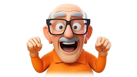 Beautiful digital image of an old man with an angelic expression The man is wearing an orange shirt and has an emoji face character The image has a white background with 3D depth and a hyperrealistic emoji styleの素材