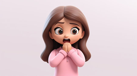 A stunning hyperrealistic digital image featuring an angelic girl with a pink shirt and an emoji face character The image is set against a white background with a 3D depth effect rendered in an emoji styleの素材