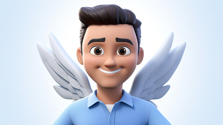 A stunning artwork featuring a blue angelic character with emoji face in a blue shirt set against a white background with 3D depth The artwork is hyperrealistic and designed in an emoji styleの素材