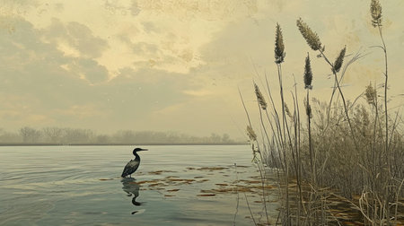 Spectacular softedged image of bird watching over the water in a style reminiscent of Anton Mauve and Charles Tunnicliffe Serene and harmonious with hyperrealistic water Job ID 55566d31e4db4921b80825d716c927fdの素材