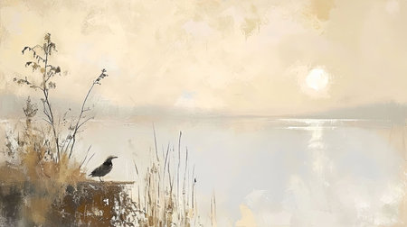 Spectacular softedged image of bird watching over the water in a style reminiscent of Anton Mauve and Charles Tunnicliffe Serene and harmonious with hyperrealistic water Job ID 55566d31e4db4921b80825d716c927fdの素材