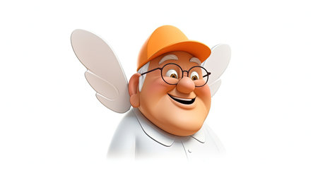 Beautiful digital image of an old man with an angelic expression The man is wearing an orange shirt and has an emoji face character The image has a white background with 3D depth and a hyperrealistic emoji styleの素材