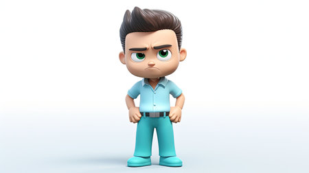 Inspiring image of a frustrated boy wearing a cyan shirt The hyperrealistic 3D depth and emoji face character make this image truly captivatingの素材